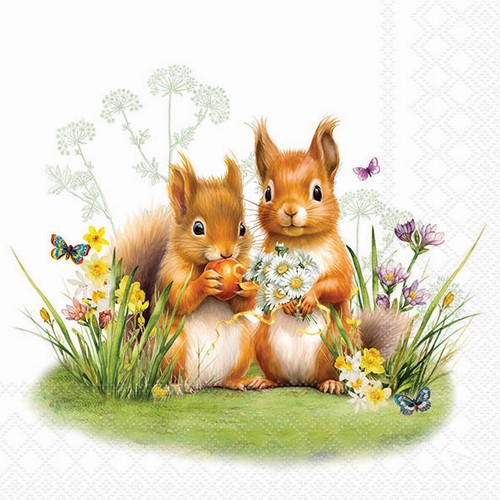 20 Servietten Little Squirrels - Eichhörnchen-Paar an Blumen 33x33cm