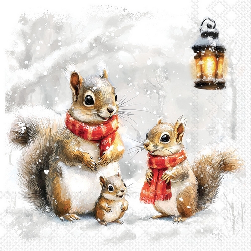 20 Servietten Squirrel Family - Winter-Eichhörnchen an Laterne 33x33cm