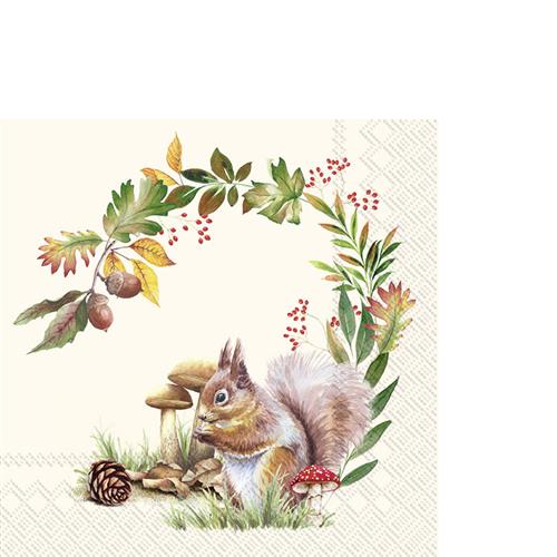 20 kleine Cocktailservietten Squirrel in the Forest cream - Eichhörnchen im Blätterkranz 33x33cm