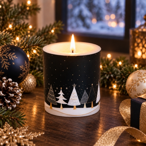 Kerze rund Black Winter Forest - Moderne Winterbäume auf schwarz Ø 8cm, Höhe 8,5cm