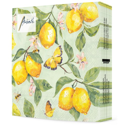 20 Servietten Fresh Lemons green - Schmetterlinge an frischen Zitronen grün 33x33cm
