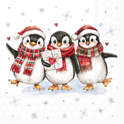20 Servietten Penguin Suprise - Lustiges Pinguin-Trio 33x33cm