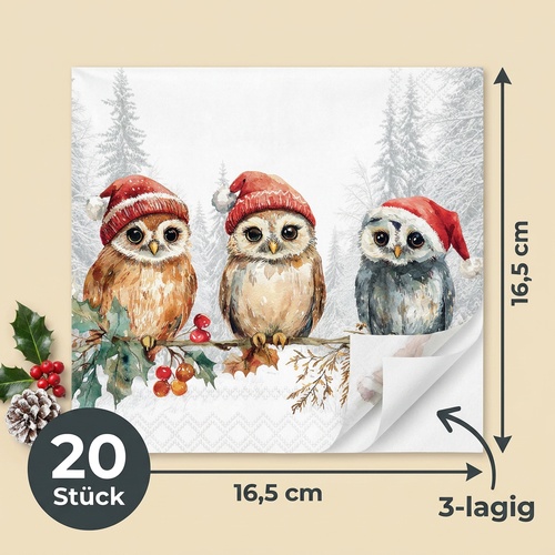 20 Servietten Wise Owls - Eulen mit Weihnachtsmütze 33x33cm