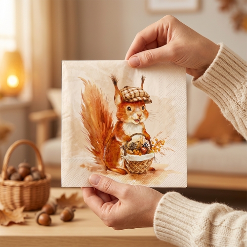 20 Servietten Monty cream - Eichhörnchen mit Herbstkorb 33x33cm