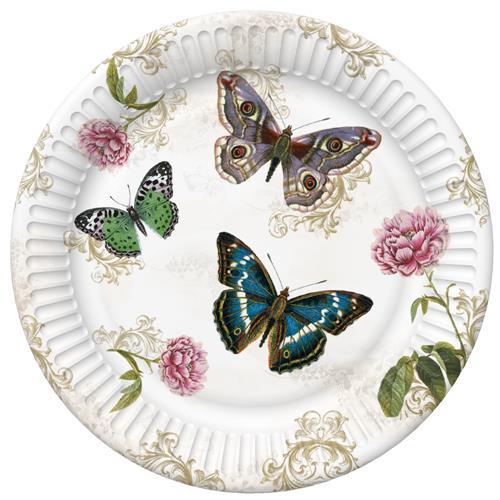 8 Pappteller Butterflies on Retro Background  - Schmetterlinge mit Ornamente und Blumen Ø22,7cm