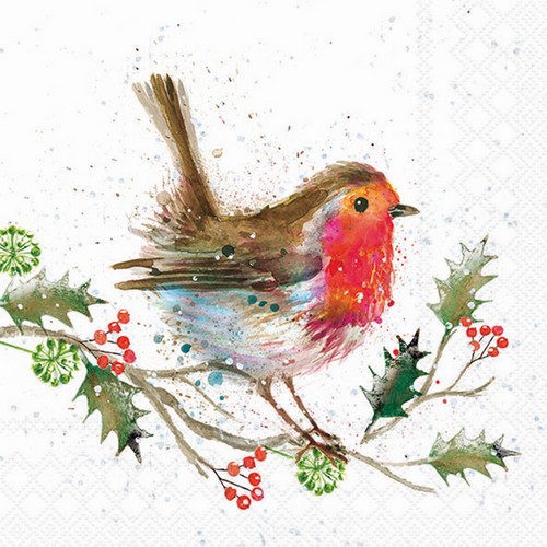 20 Servietten Winter Robin white - Robin auf Winterzweig 33x33cm