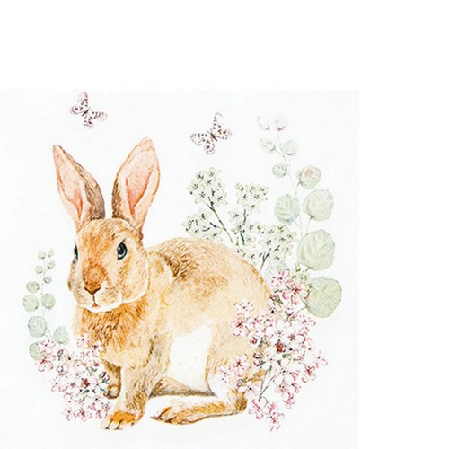 20 kleine Cocktailservietten Rosi Rabbit - Hase an dezenten Blumen 25x25cm