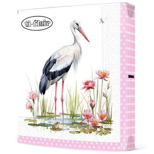 20 Servietten Stork & Frogs rose - Storch an Bordüre rosa 33x33cm