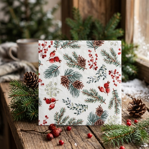 20 Servietten Winter Botanicals - Nätürliche Zweige, Beeren und Zapfen 33x33cm