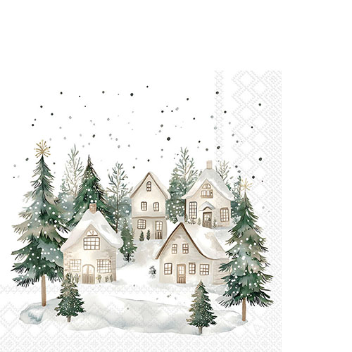 20 kleine Cocktailservietten Snowy Houses - Weiße Winterhäuser im Wald 25x25cm