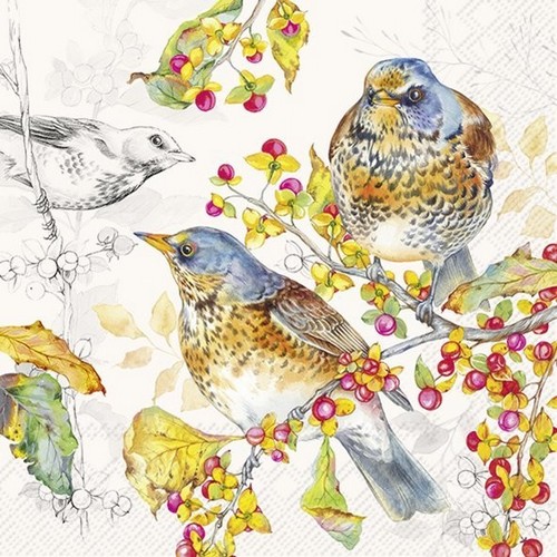20 Servietten Autumn Birds - Bunte Wacholderdrosseln 33x33cm