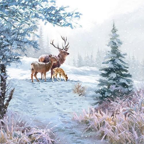 20 Servietten Deer Family - Hirschfamilie im Winterwald 33x33cm