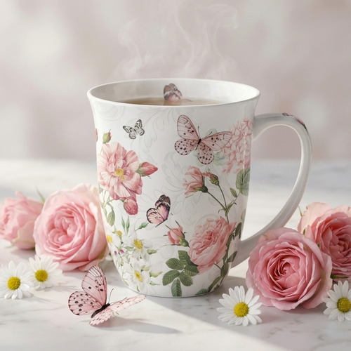 Tasse aus Porzellan Amelia white  - Schmetterlinge an Sommerblumen weiß 0,4L, Höhe 10,5cm