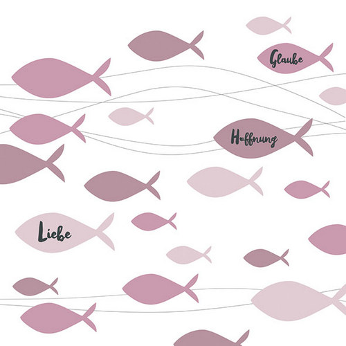 20 Servietten Communion Fishes bordeaux - Fische mit Liebe, Glaube und Hoffnung rosa 33x33cm