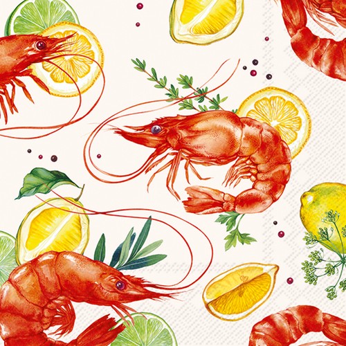 20 Servietten Delicious Shrimps - Garnelen und Zitronen 33x33cm