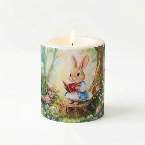 Kerze rund Easter Stories - Hasengeschichten im Wald Ø 8cm, Höhe 9cm