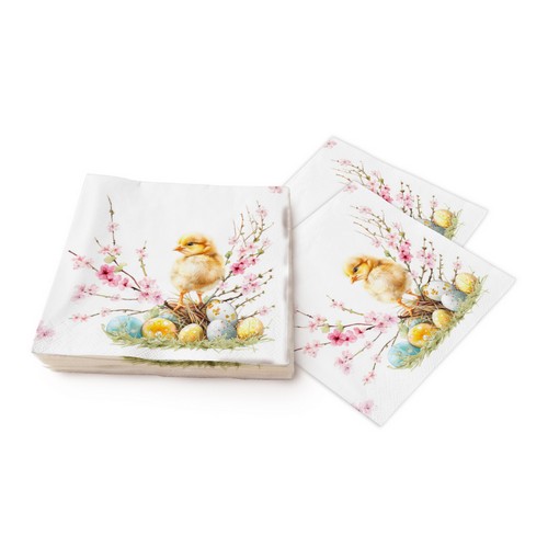 20 Servietten Joli Poussin - Küken an Blüten auf Ostereier 33x33cm