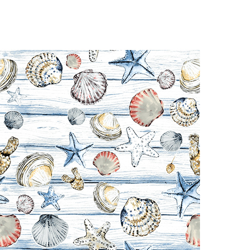 20 kleine Cocktailservietten Beach Shells - Strandmuscheln auf Holz 25x25cm
