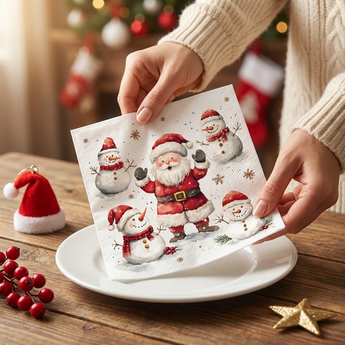 20 Servietten Jolly Friends - Santa mit Team an Schneemänner 33x33cm
