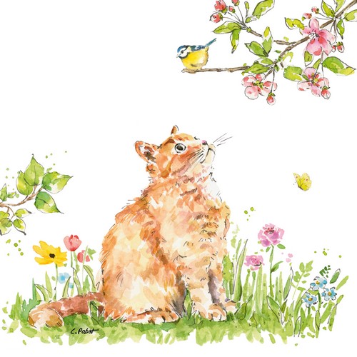 20 Servietten Cat & Bird - Katze beobachtet Blaumeise 33x33cm