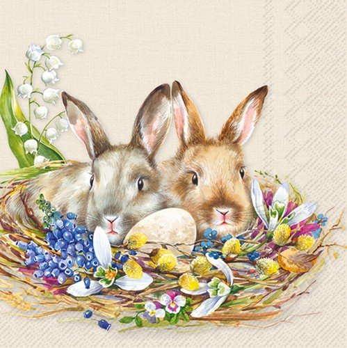 20 Servietten Cuddly Bunnies - Hasen im Nest 33x33cm