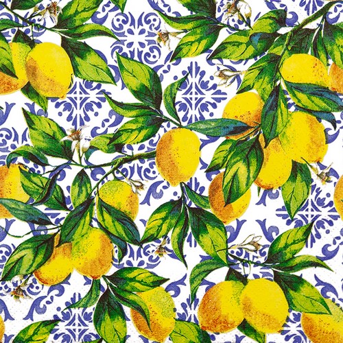 20 Servietten Citrus Branches on Tiles - Blaues Muster unter Zitronen 33x33cm