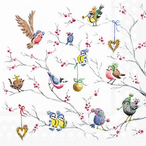 20 Servietten Birds in Tree - Kleine Wintervögel mit Mützen 33x33cm