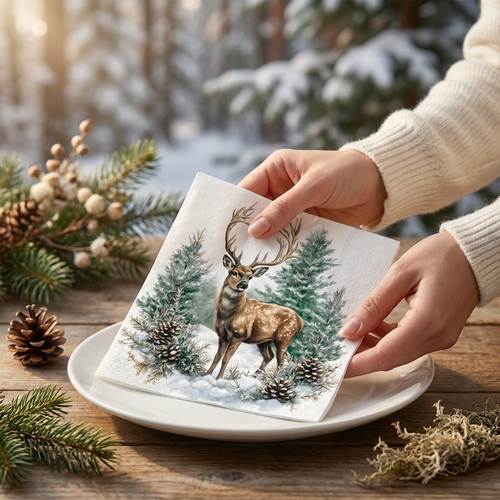 20 Servietten Winter Stag white - Eleganter Hirsch im Winterwald 33x33cm