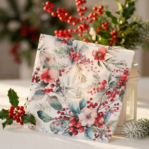 20 Servietten Winter Berries - Frostige Winterbeeren und Blätter 33x33cm