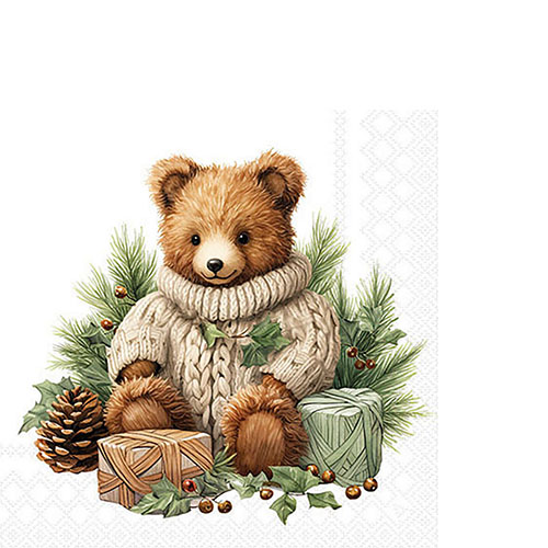 20 kleine Cocktailservietten Cuddle Bear - Niedlicher Winterbär 25x25cm