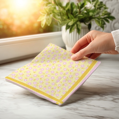 20 kleine Cocktailservietten Ditsy yellow - Mini Blüten auf gelb verteilt 25x25cm
