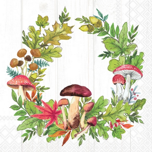 20 Servietten Mushroom Wreath - Pilze im Blätterkranz 33x33cm