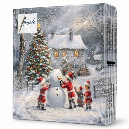 20 Servietten Winter Playtime - Kinder arbeiten an Schneemann 33x33cm