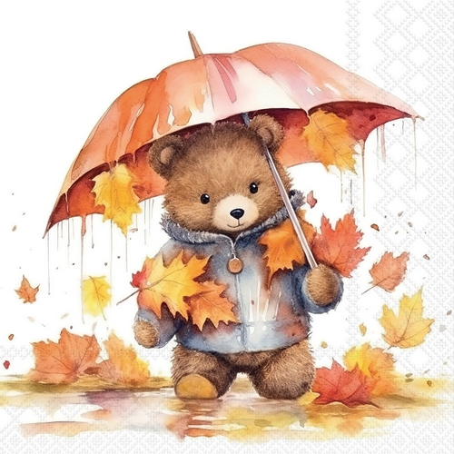 20 Servietten Umbrella Bear - Teddybär unter Schirm im Herbst 33x33cm