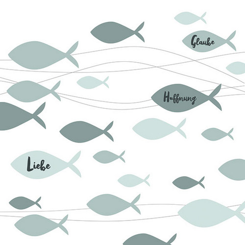 20 Servietten Communion Fishes green - Fische mit Liebe, Glaube und Hoffnung grün 33x33cm