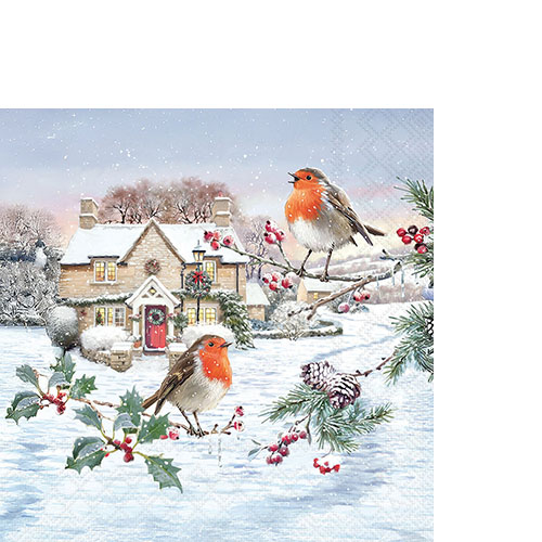 20 kleine Cocktailservietten Birdy Village - Rotkehlchen an Winterhaus 25x25cm