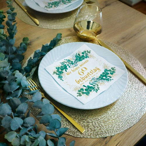 20 Servietten Eucalyptus Leaves gold 60 - 60. Geburtstag 33x33cm