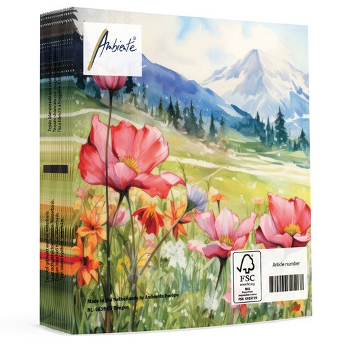 20 Servietten Blooming Fields - Blumenfeld vor Gebirge 33x33cm