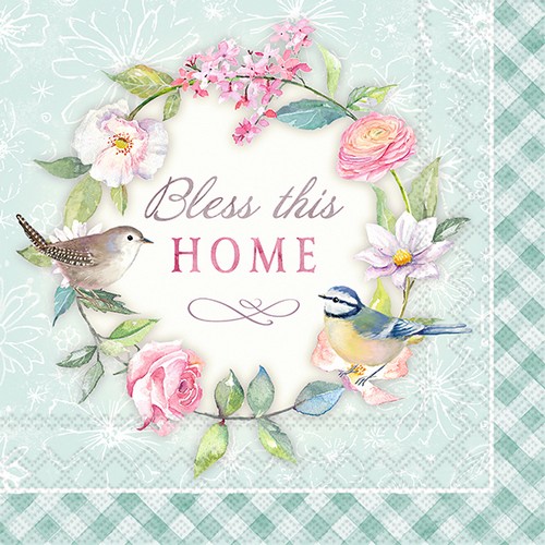 20 Servietten Bless this Home turquoise - Kranz für friedvolles Zuhause 33x33cm