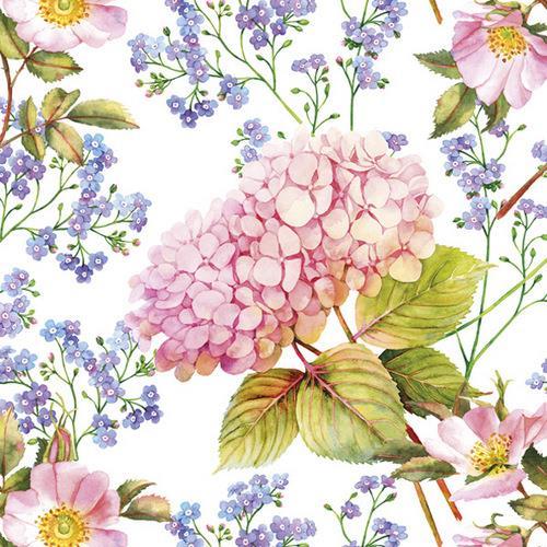 20 Servietten Pink Hydrangea and Forget-Me-Not Flowers - Zarte Blumen rosa/lila 33x33cm