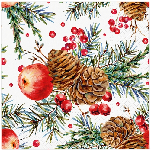 20 Servietten Berry Branch - Beeren, Apfel und Zapfen an Zweige 33x33cm