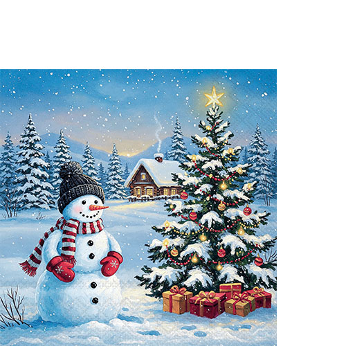 20 kleine Cocktailservietten Cool Guard - Schneemann erfreut am Baum 25x25cm