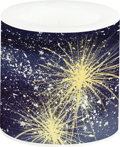Kerze rund klein Happy Silvester blue - Feuerwerk am Nachthimmel Ø7,5cm, Höhe 7,5cm
