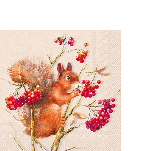 20 kleine Cocktailservietten Tammy cream - Eichhörnchen findet Beeren 25x25cm