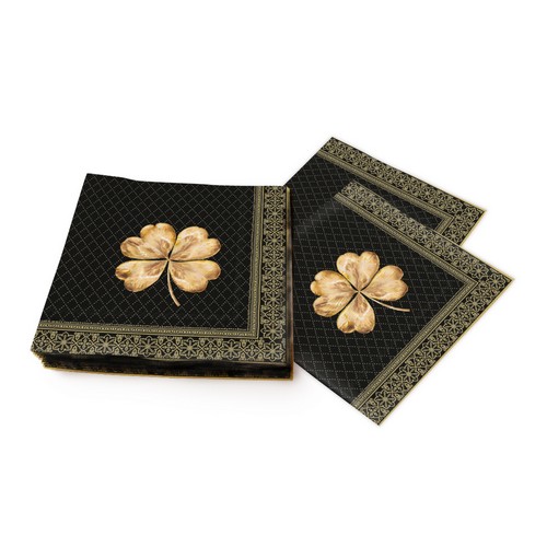 20 Servietten Golden Cloverleaf - Goldenes Kleeblatt auf schwarz  33x33cm