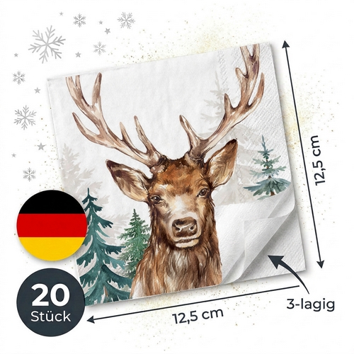 20 kleine Cocktailservietten The Woodland King - Hirsch im tiefsten Wald weiß 25x25cm