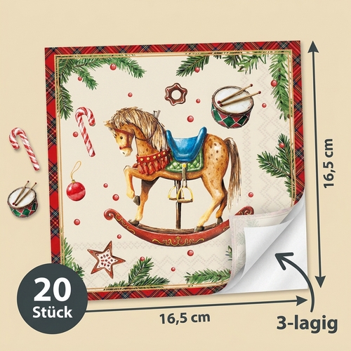 20 Servietten Classic rocking Horse cream - Schaukelpferd mit Weihnachtselemente 33x33cm