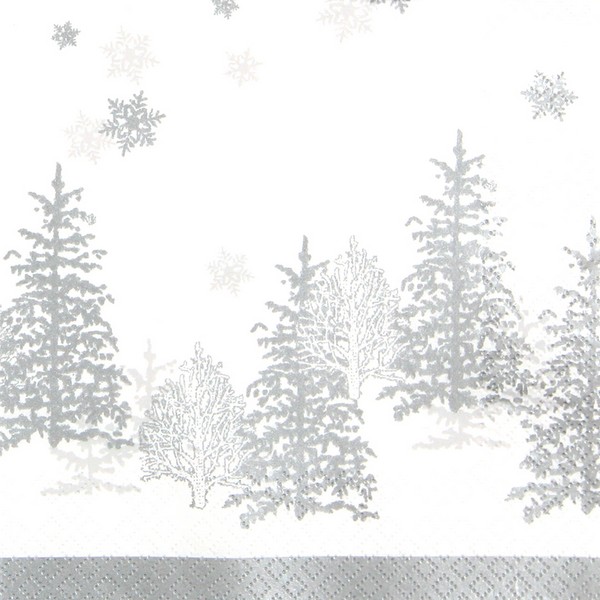 20 kleine Cocktailservietten Tree and Snowflakes - Bäume & Schneeflocken silber 25x25cm
