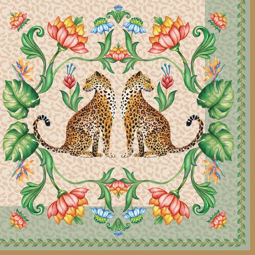20 Servietten Jungle Vibes - Leopardenpaar an Blumen 33x33cm