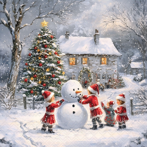 20 Servietten Winter Playtime - Kinder arbeiten an Schneemann 33x33cm